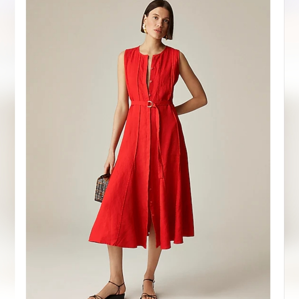 J. Crew Seamed Linen Dress with Removeable Belt - Red Arroyo - Picture 2 of 14